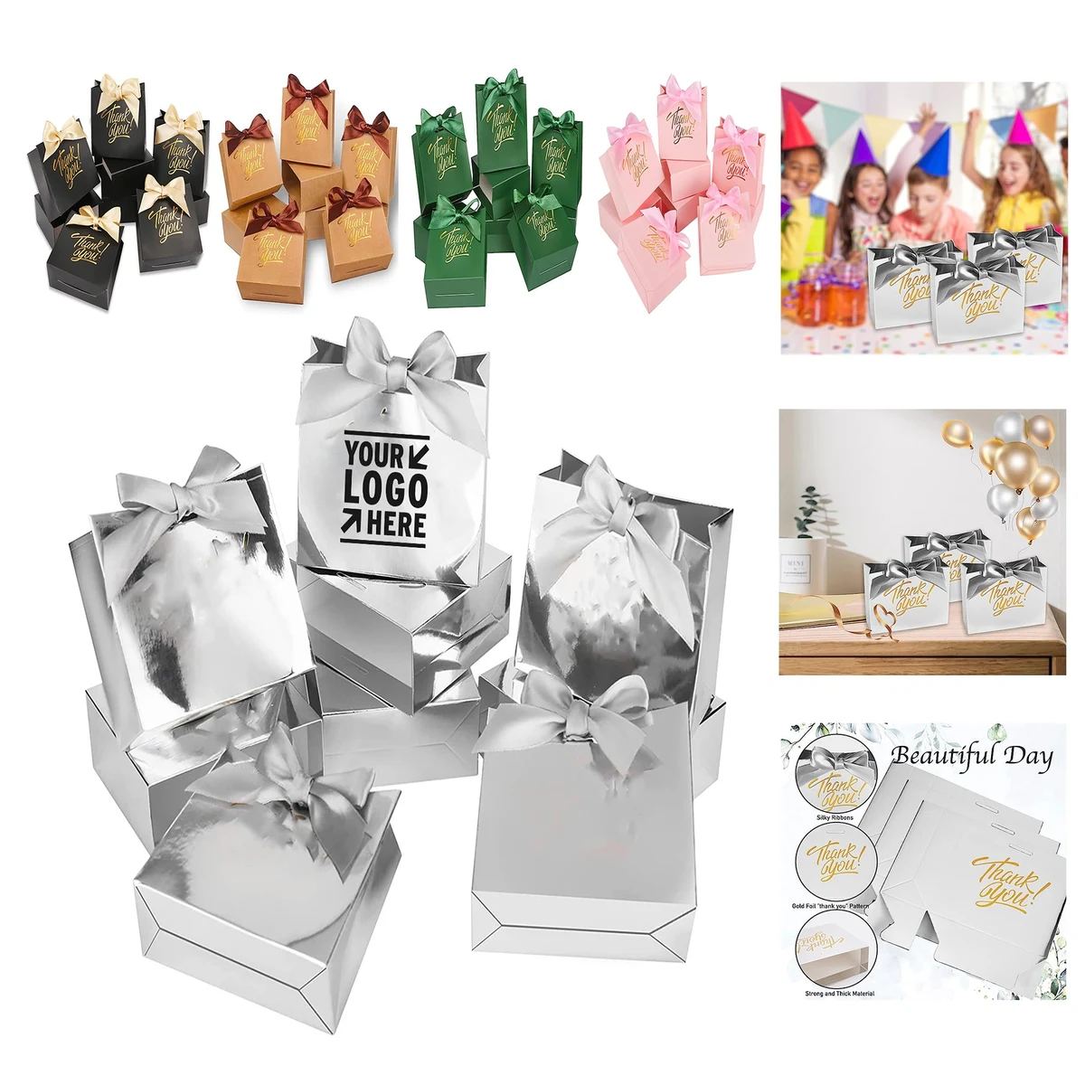 4.5 x 1.8 x 3.9 Inches Party Favor Silver Paper Gift Candy Bag with Bow Ribbon 1