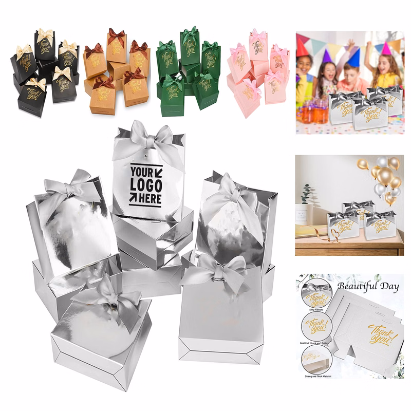 4.5 x 1.8 x 3.9 Inches Party Favor Silver Paper Gift Candy Bag with Bow Ribbon