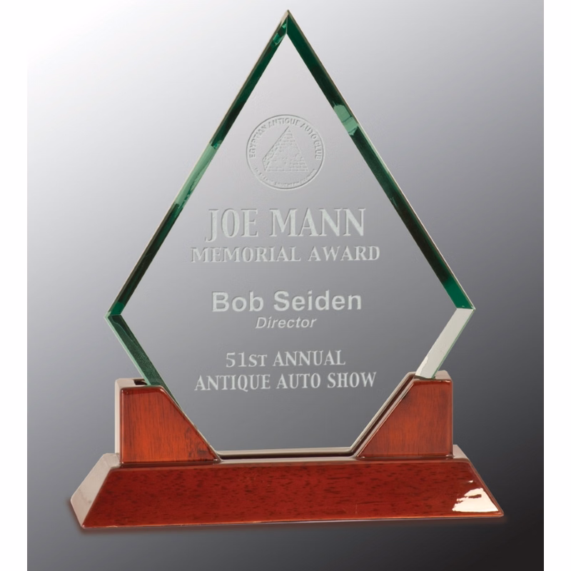 9 1/2" Diamond Prestige Glass Award with Rosewood Piano Finish Base
