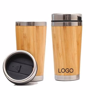 15oz Double Walled Stainless Steel Bamboo Coffee Travel Tumbler