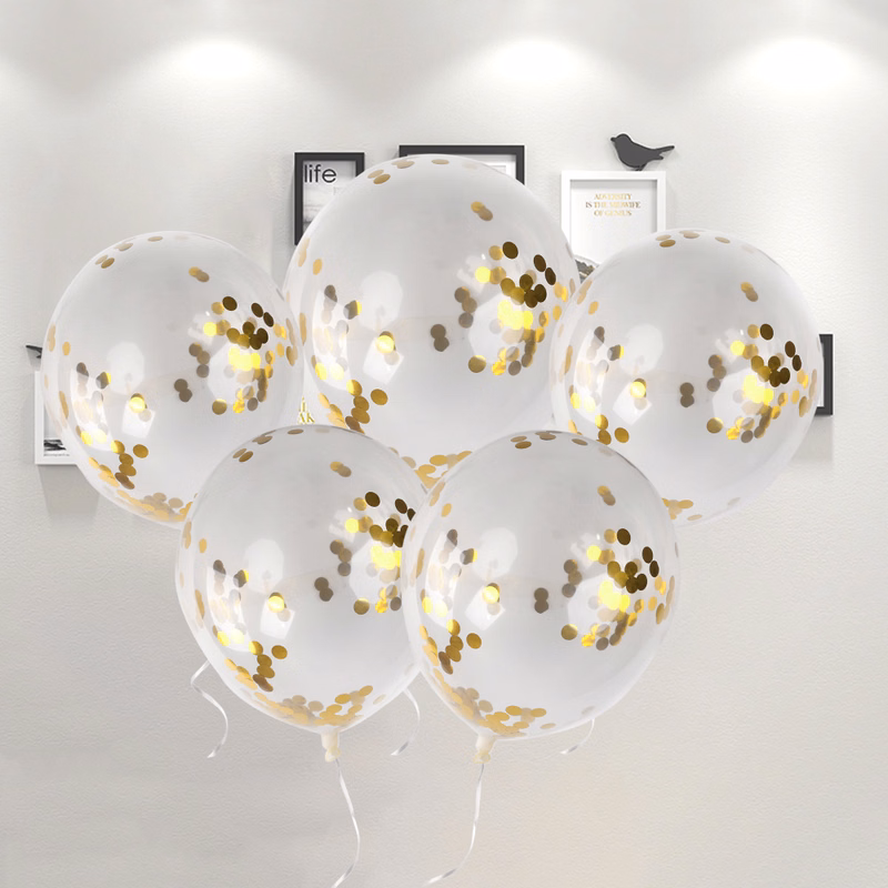 12 Inch Round Shape Clear Latex Balloon With Gold Black Silver Color Confetti
