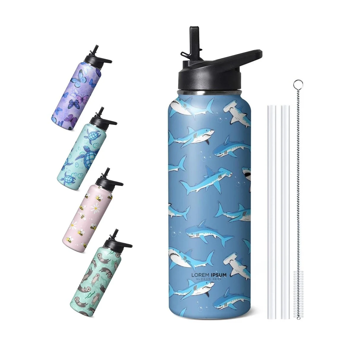 40oz Cute Shark Water Bottle with Handle and Flip Straw,Sports Stainless Steel Insulated Cup,Travel 1