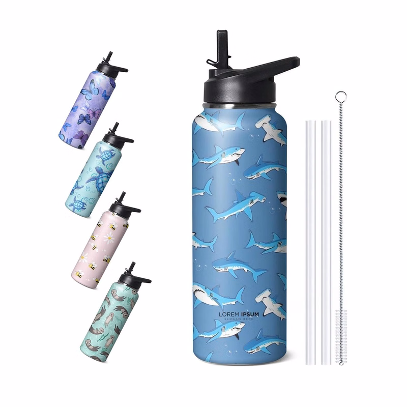 40oz Cute Shark Water Bottle with Handle and Flip Straw,Sports Stainless Steel Insulated Cup,Travel
