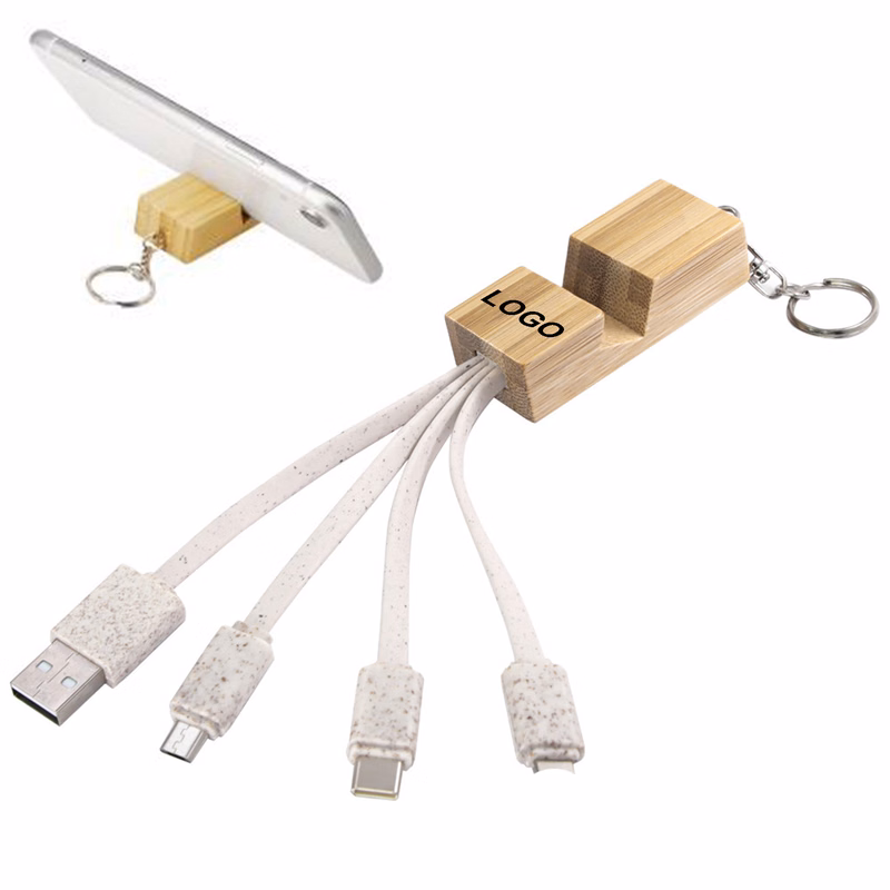 Eco-Friendly Bamboo Keychain with Multi-Device Charging Cables