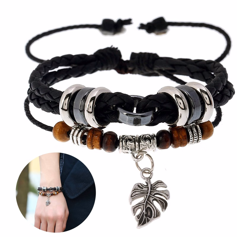 PU Multi-layered woven leaf pendant men's bracelet
