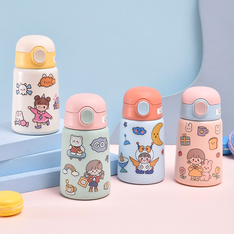 14Oz Kids Cute Stainless Steelwater Bottle With Straw Lid