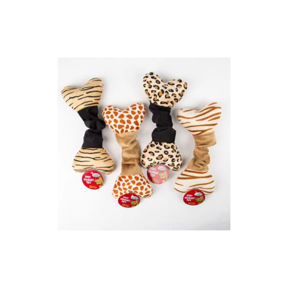 Plush Bone Dog Toys - Animal Prints with Elastic Squeaker 1