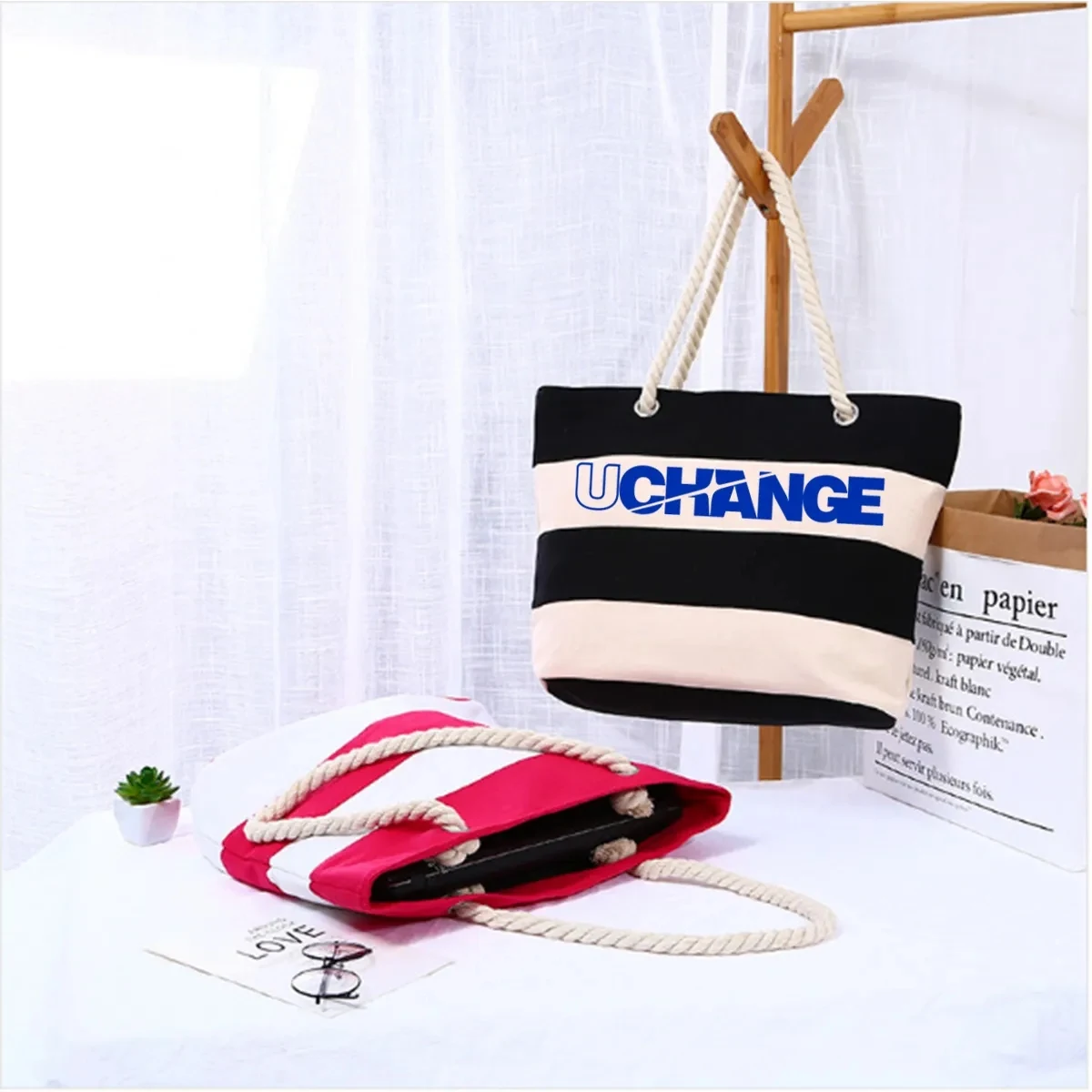 Striped Canvas Beach Tote Bag With Rope Handles 1