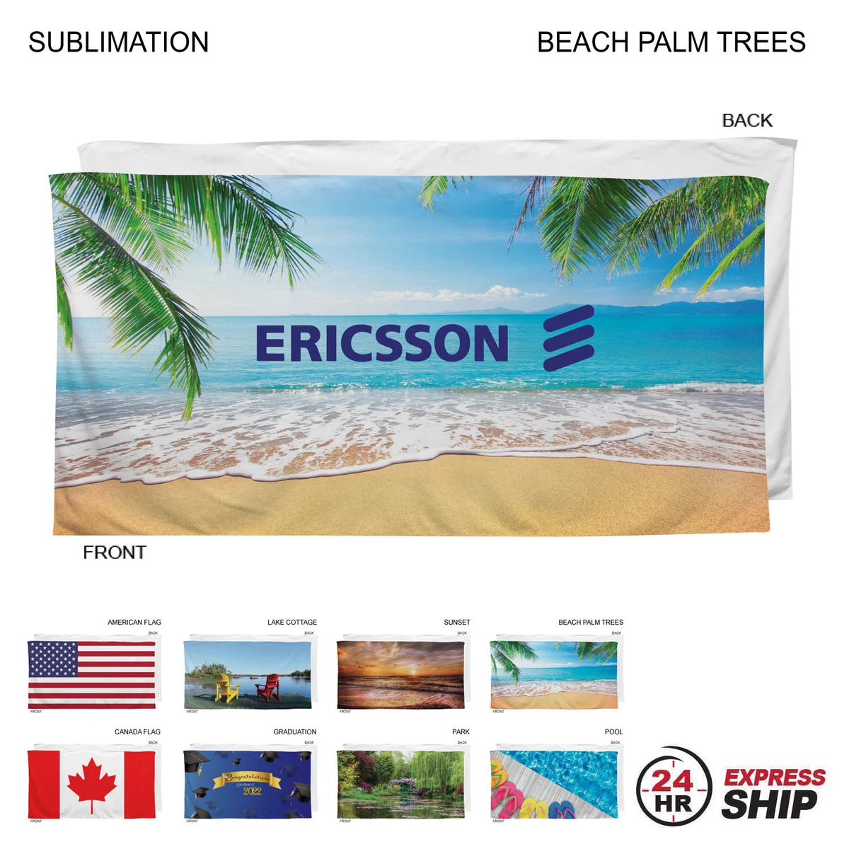 24 Hr Express Ship - Stock Design Sublimated, Heavier Weight, Plush Velour Terry Beach Towel, 30x60 1