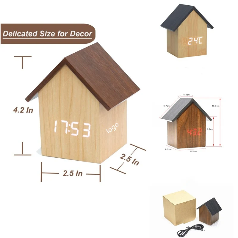 House Shape Children Digital Alarm Wooden Clock, custom clock with logo imprint 1