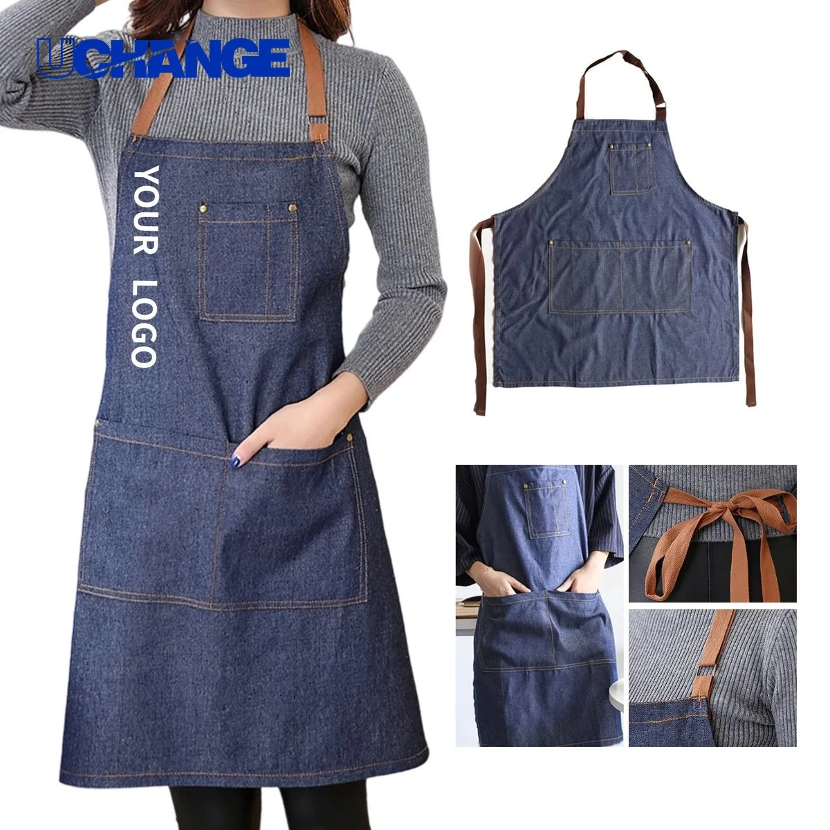 Denim Bib Apron with Pockets for Work Use 1