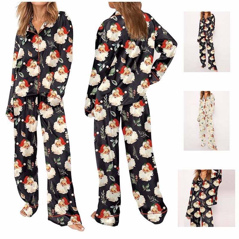 Satin Pajamas for Women Set Long Sleeve Button Down Christmas Sleepwear