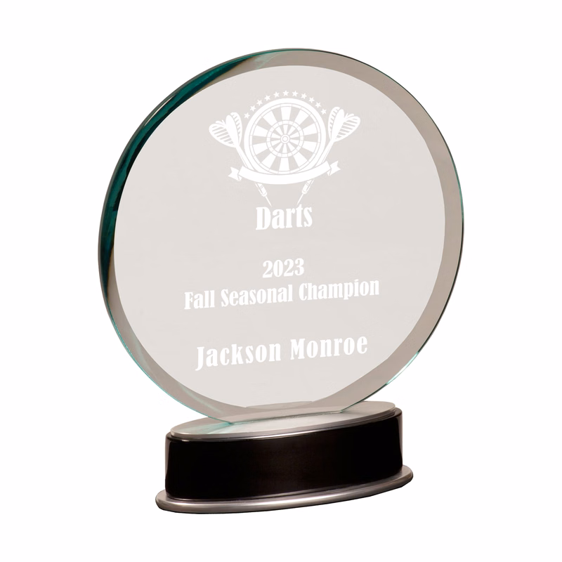 9" Jade Round Metro Glass Award w/ Silver and Black Piano Finish Base