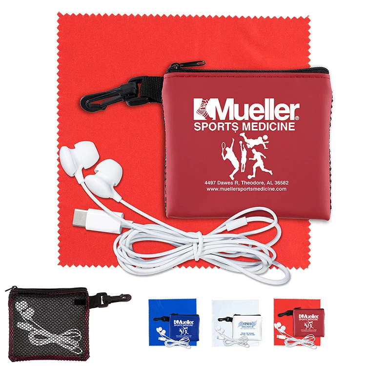 “TechMesh Tunes” Mobile Tech Earbud Kit in Mesh Zipper Pouch Components inserted into Zipper Pouch 1