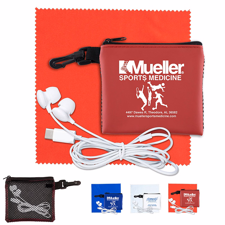 “TechMesh Tunes” Mobile Tech Earbud Kit in Mesh Zipper Pouch Components inserted into Zipper Pouch