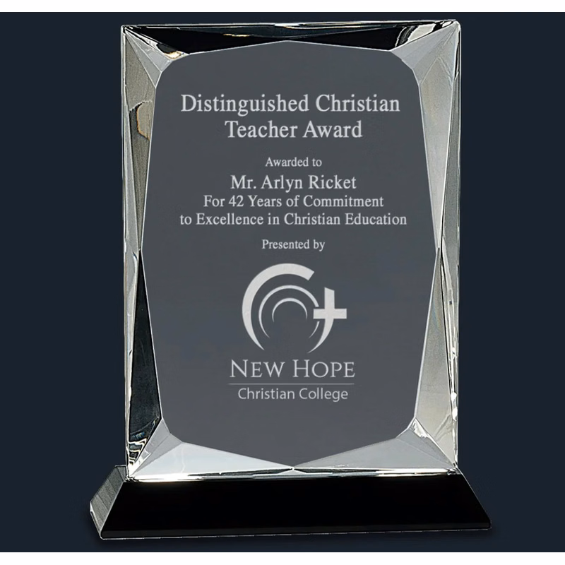 7" clear rectangle with facet and black crystal base.