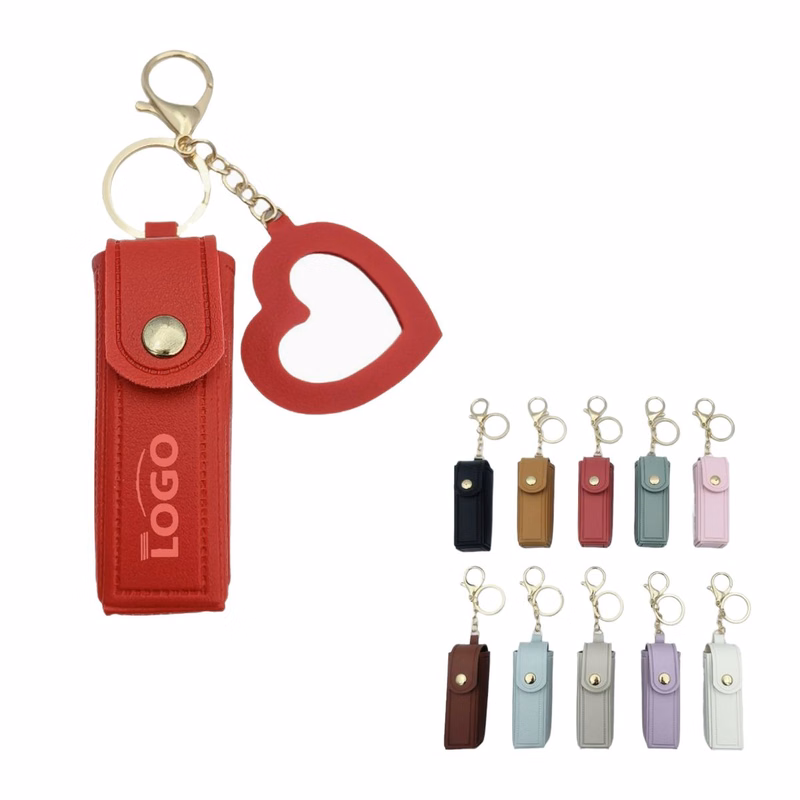 MOQ100 PU Lipstick Keychain Storage Bag With Heart Mirror