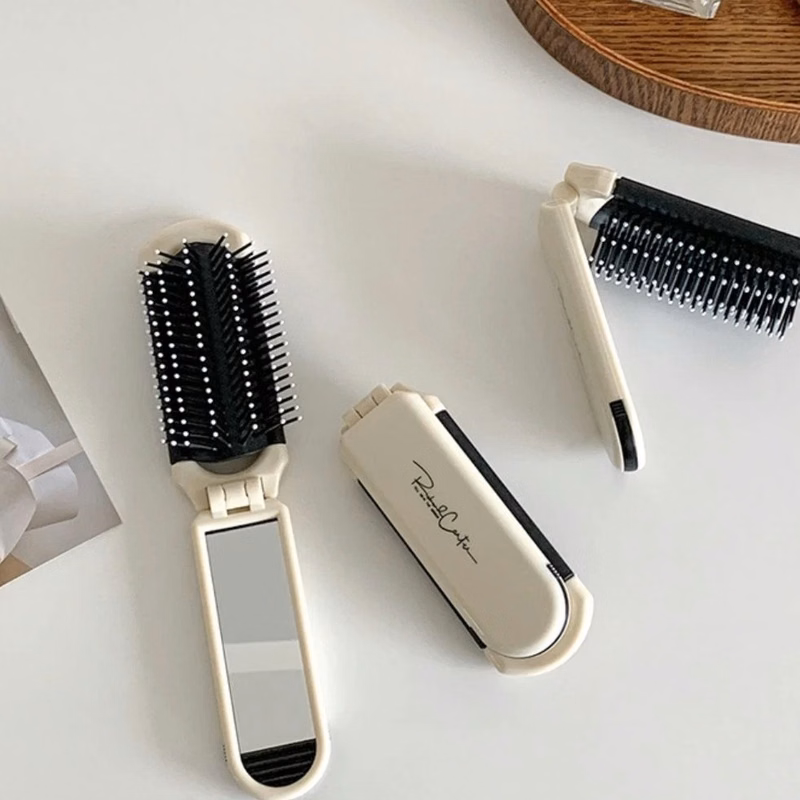 Compact Folding Hair Brush With Mirror
