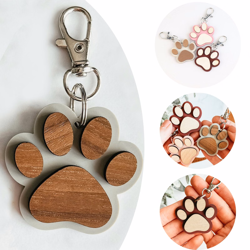 3D Wood Paw Print Keychain