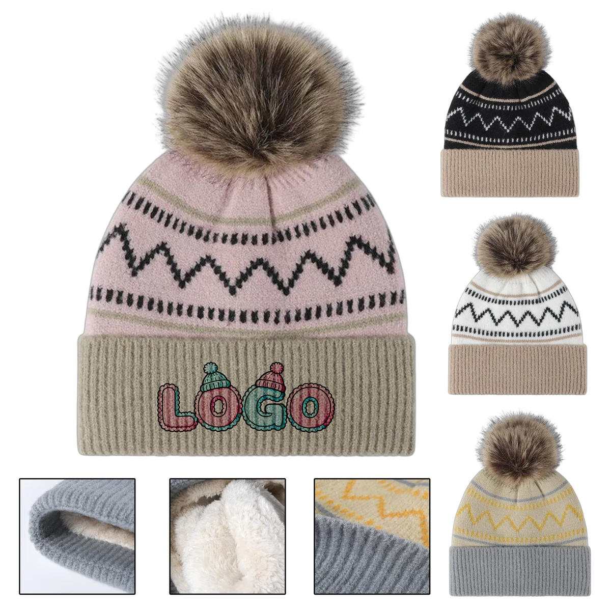 Color Blocked Striped Winter Fleece Lined Pom Hat 1