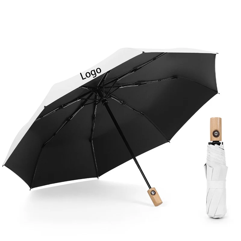 Folding Reverse Automatic Umbrella with Wooden Handle 1