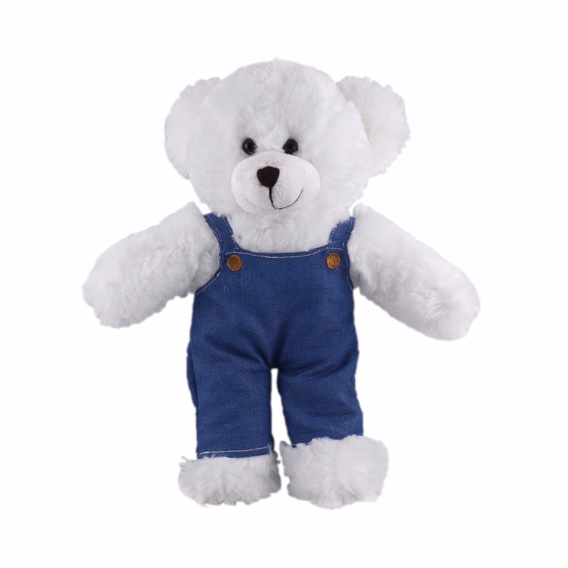 Soft Plush Stuffed White Bear in denim overall.