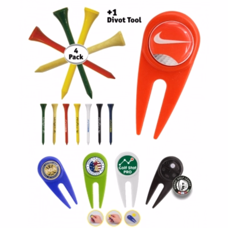 Golf Tee Pack - 4 x Wooden Golf Tees & 1 Divot Repair Tool Packed In A Poly Bag