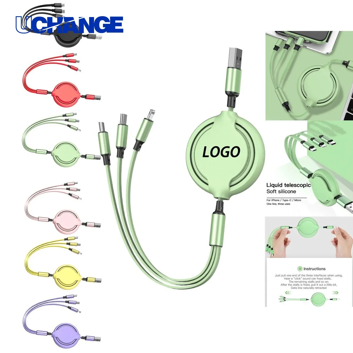 Retractable 3-in-1 USB Charging Cable Fast Data Cord 1