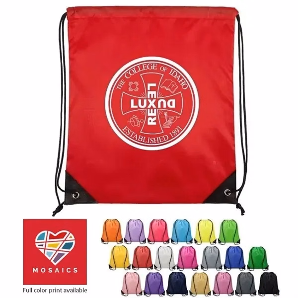 Custom 16.5 inch Polyester Drawstring Backpack PU Leather Corners — Travel Bag