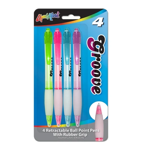 Set of 4 Groove Retractable Ball Point Pens w/Rubber Grip 1
