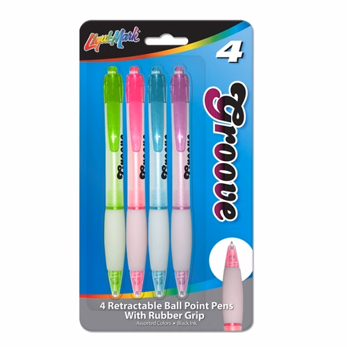 Set of 4 Groove Retractable Ball Point Pens w/Rubber Grip