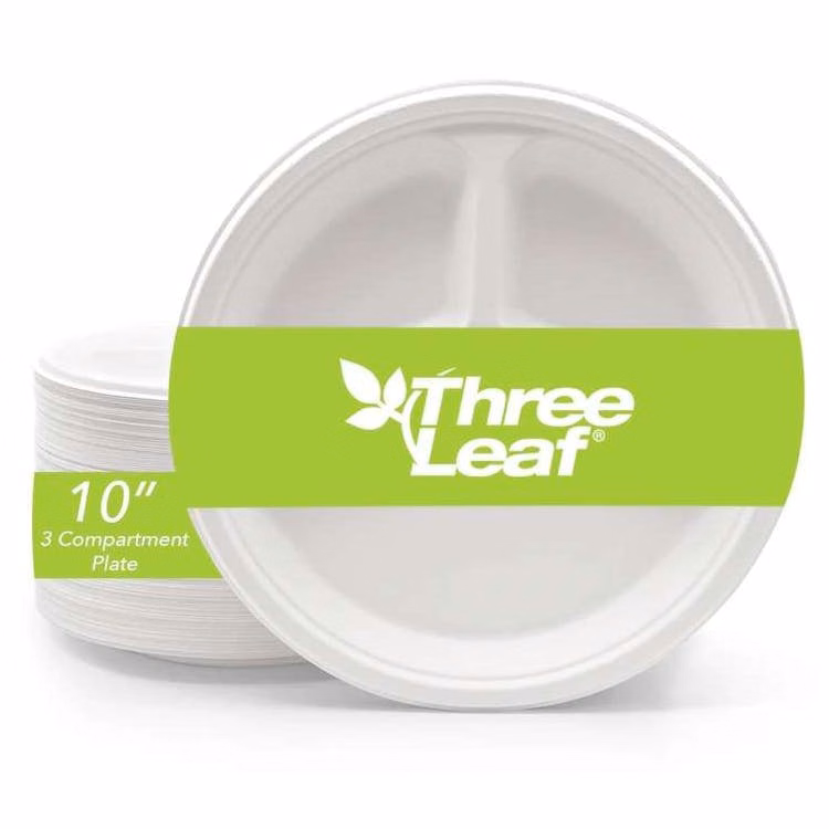 Three Leaf 10" 3 Compartment Bagasse Round Plates 25 Pack