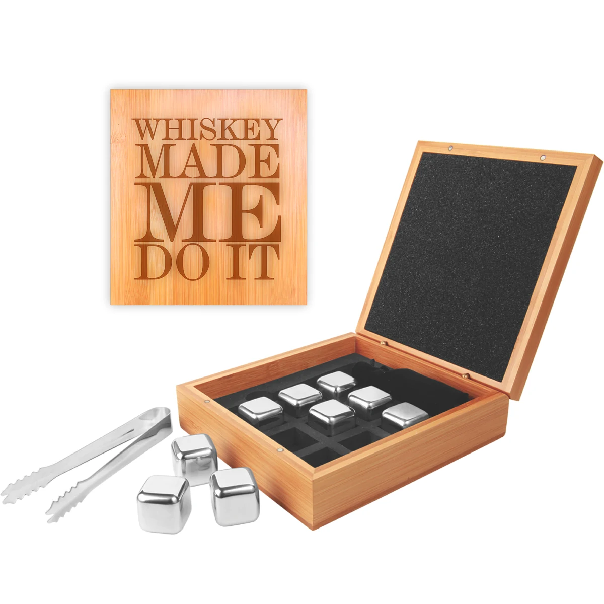 6 1/4" X 6 3/4" Stainless Steel Whiskey Stone Set In Bamboo Case 1