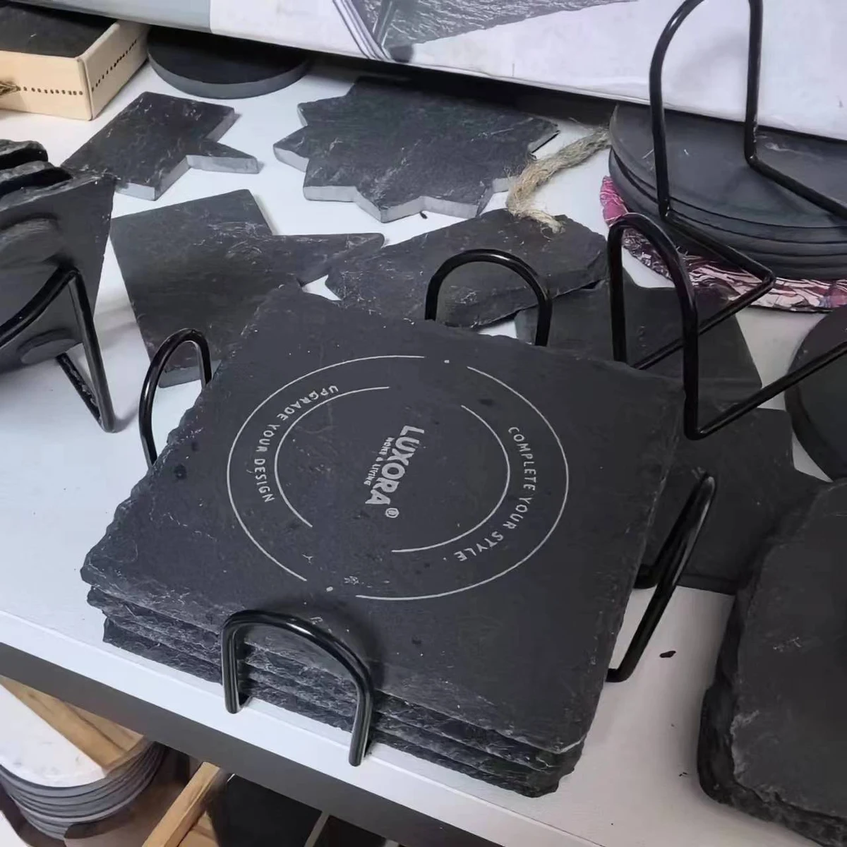 Set of Four Slate Coasters includes Metal Coaster Holder 1