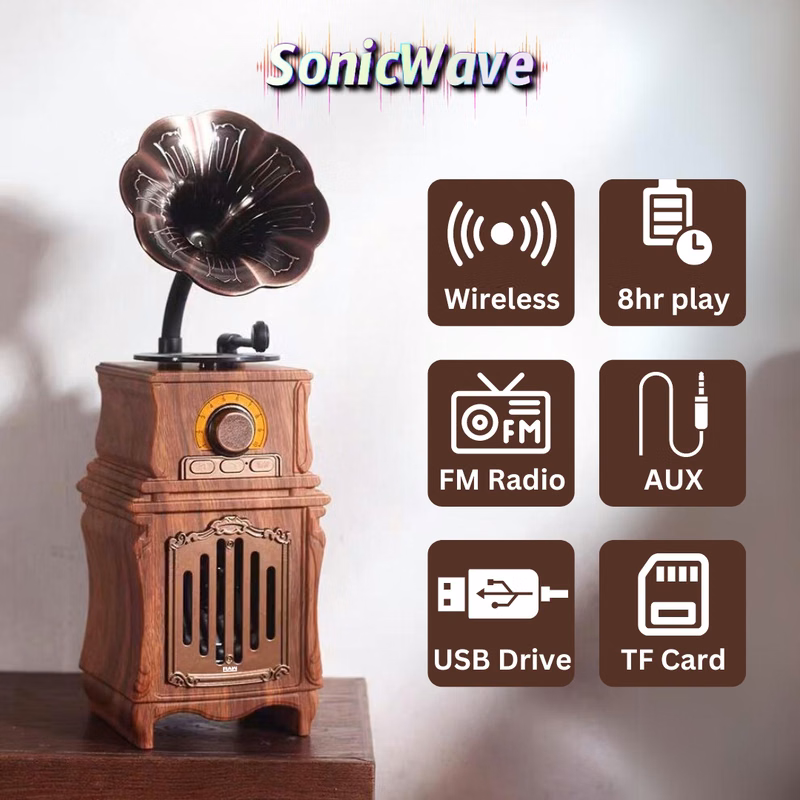 SonicWave Vintage Classic Gramophone Bluetooth Speaker with USB, TF Card & FM Radio