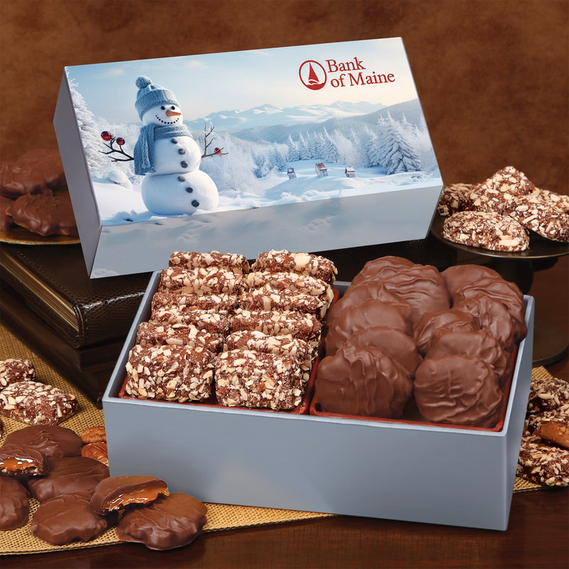 Toffee & Pecan Clusters in Gift Box with Blue Snowman Sleeve