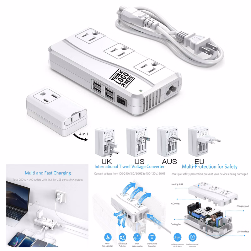 250W Power Converter 220V to 110V Voltage Converter with 8 Charging Ports Universal Adapter