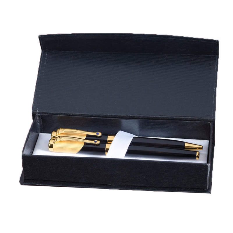 Metal Ball Point And Roller Ball Pen With Blue Jewels In Gift Box