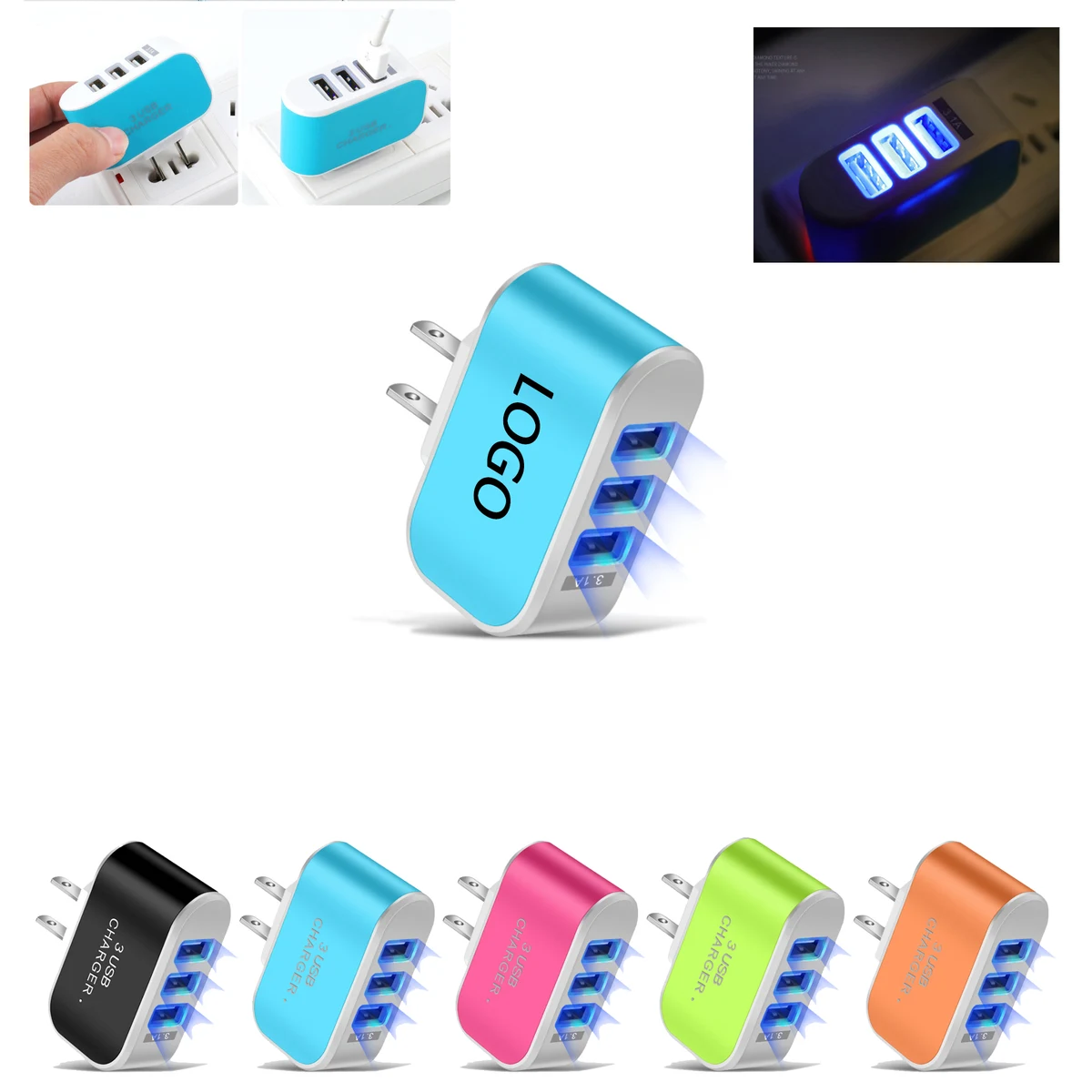 MOQ 100pcs 3 USB Led Luminous Charger With Your Brand 1