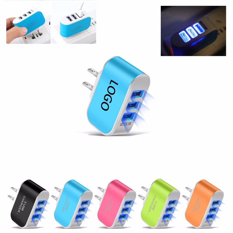 MOQ 100pcs 3 USB Led Luminous Charger With Your Brand