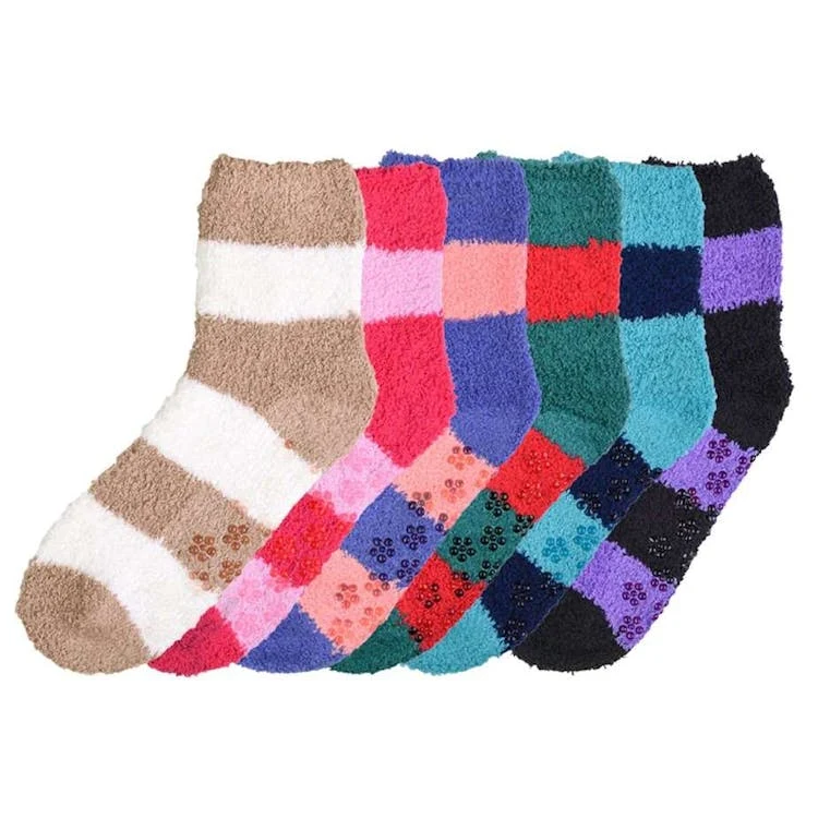 Women's Plush Non-Skid Socks - Wide Stripe Deep Colors 3 Packs Size 9-11 1