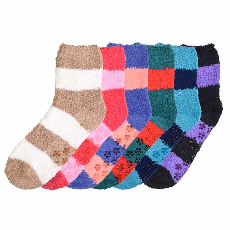 Women's Plush Non-Skid Socks - Wide Stripe Deep Colors 3 Packs Size 9-11