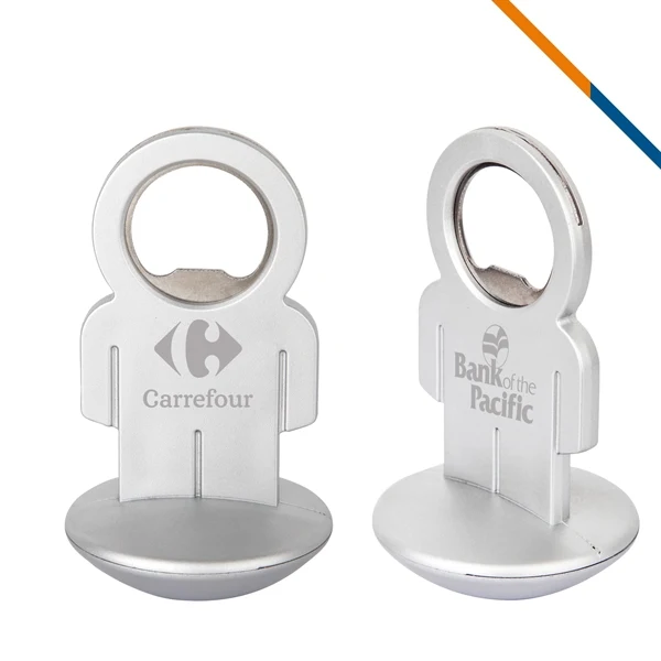 Custom 3.6 Inch Metal Bottle Opener Stand with Paperweight Base — Desk & Bar Promo 1