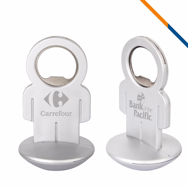 Custom 3.6 Inch Metal Bottle Opener Stand with Paperweight Base — Desk & Bar Promo