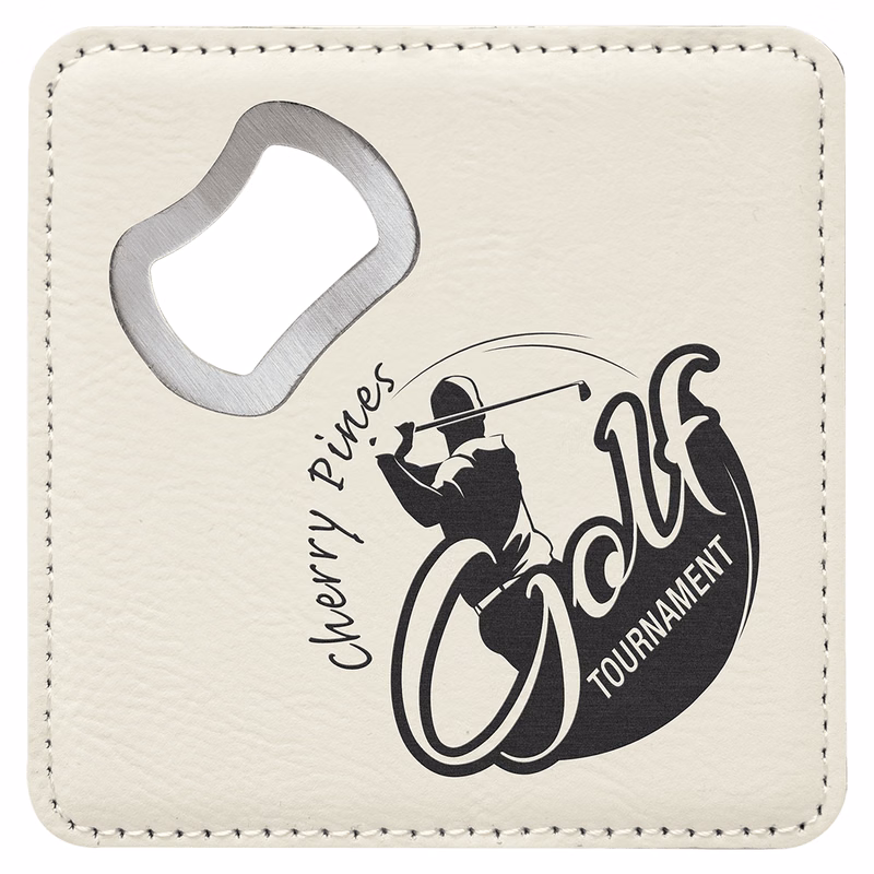 4" x 4" Square White Leatherette Coaster w/ Bottle Opener