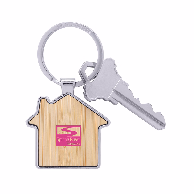 Bamboo & Metal House Keychain