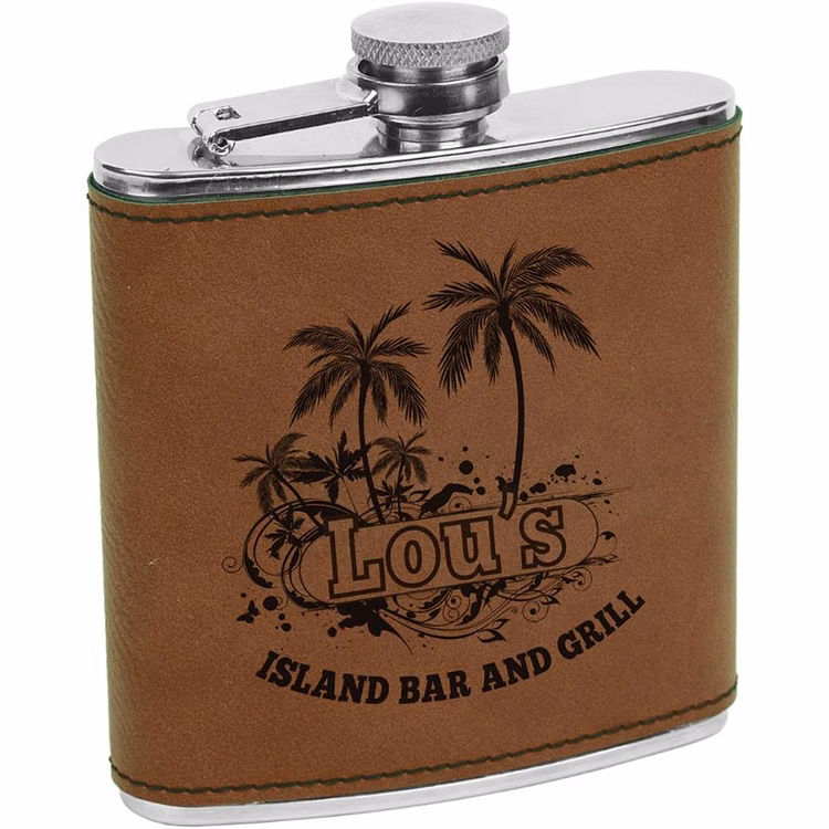 Laser Engraved Leatherette Covered Stainless Steel Flask - Dark Brown
