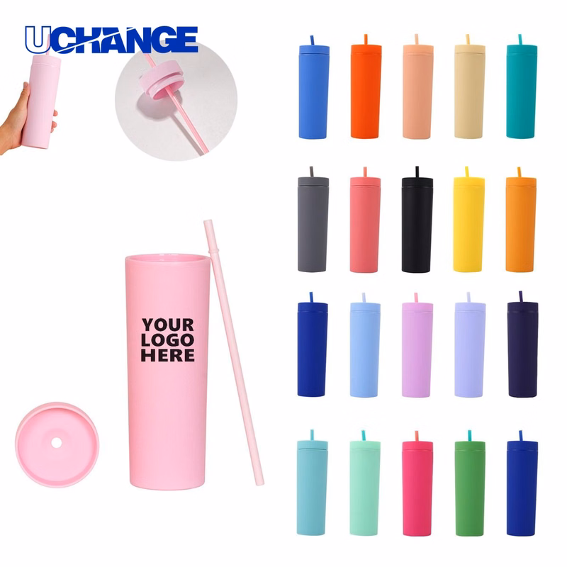 16oz Slim Plastic Cup with Lid and Straw