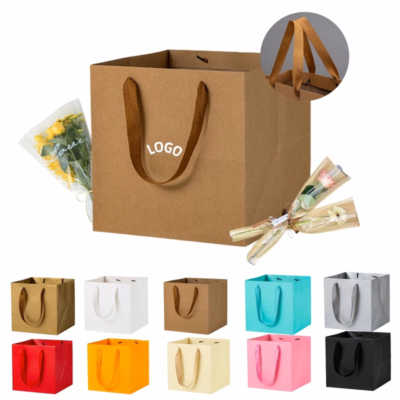 Durable Square Kraft Paper Gift Tote Bag