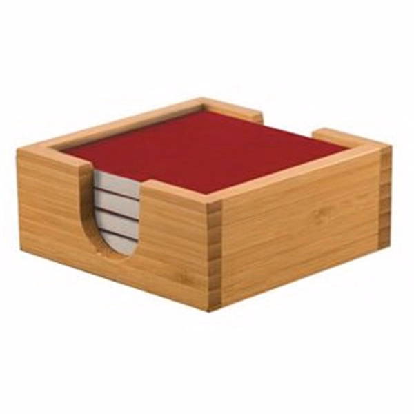 Ceramic 4 Red Coaster Set With Bamboo Holder